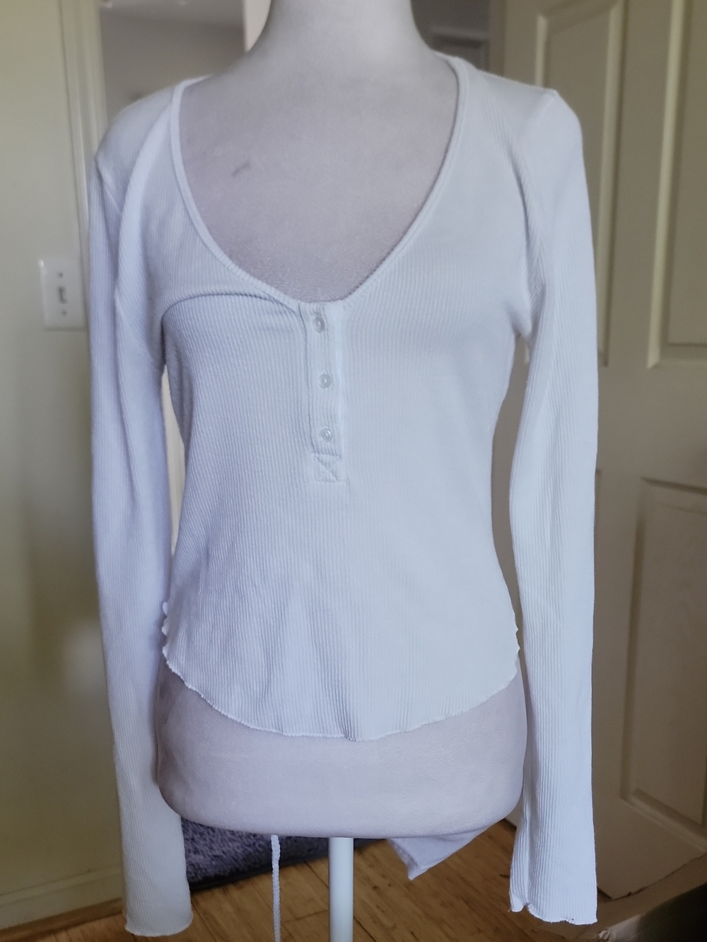 Classic White Ribbed Henley Long Sleeve Top